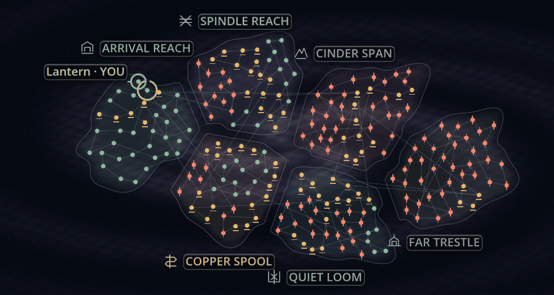 The game's galaxy chart: six irregular regions with individual stars and connecting gate routes.