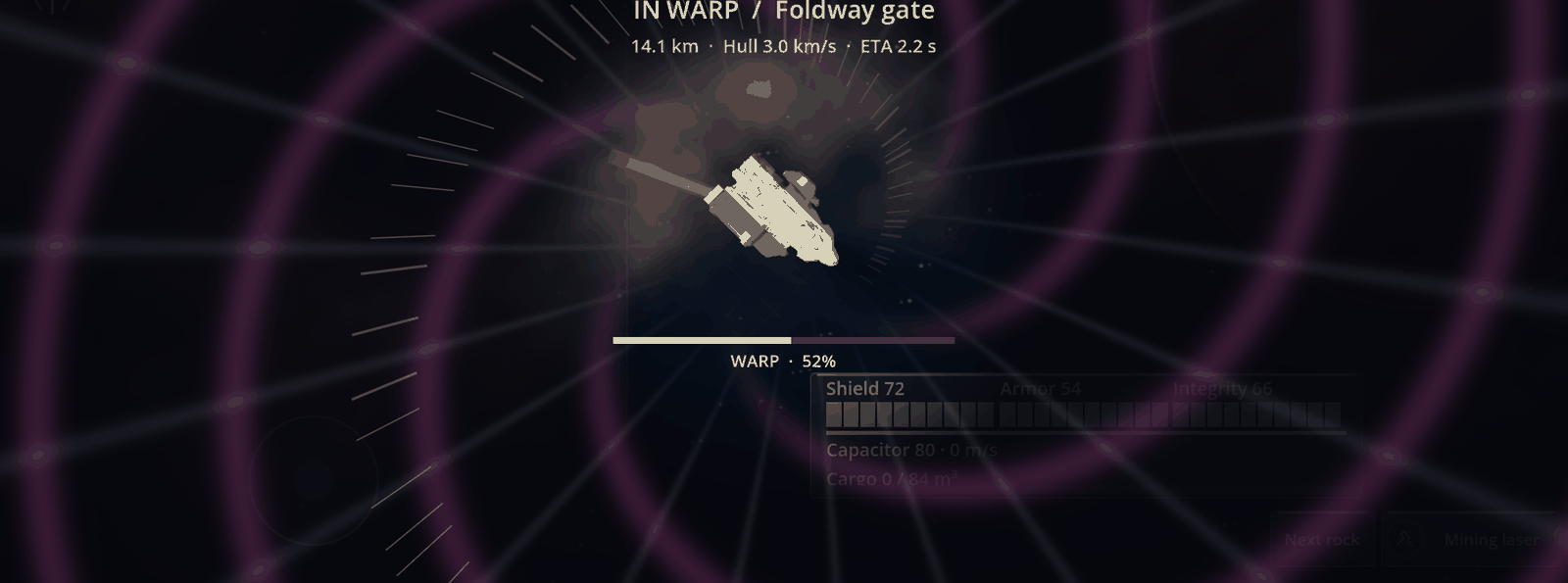 A Workhorse ship in a plum and chalk warp tunnel.
